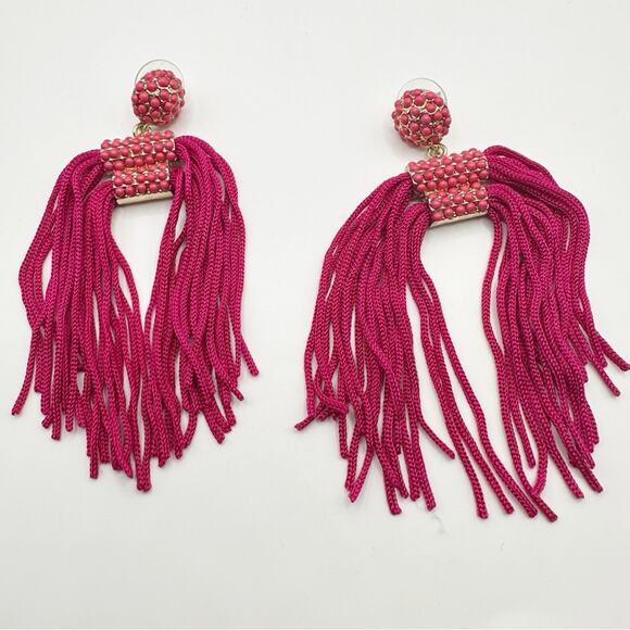 Hot Pink Fuchsia Double Tassel Earrings Drop Dangle Pierced Summer Boho Preppy - Picture 7 of 7